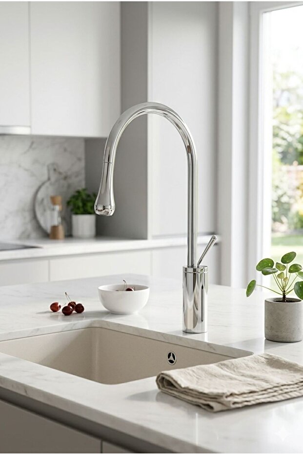 HIERA BUILD Aura Serisi Damla Premium Mutfak Banyo Bataryası Gümüş